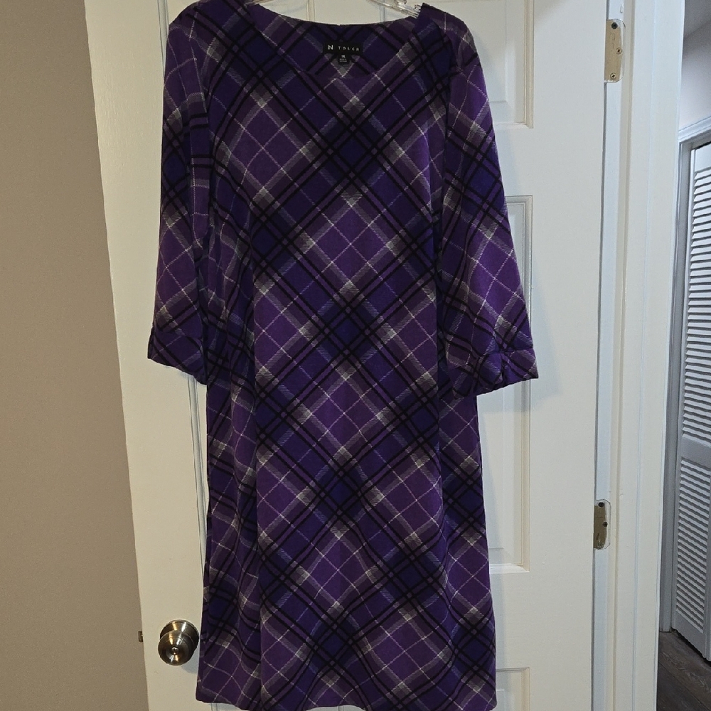 NWT N 3/4 Length Purple Plaid 3/4 Sleeve Dress